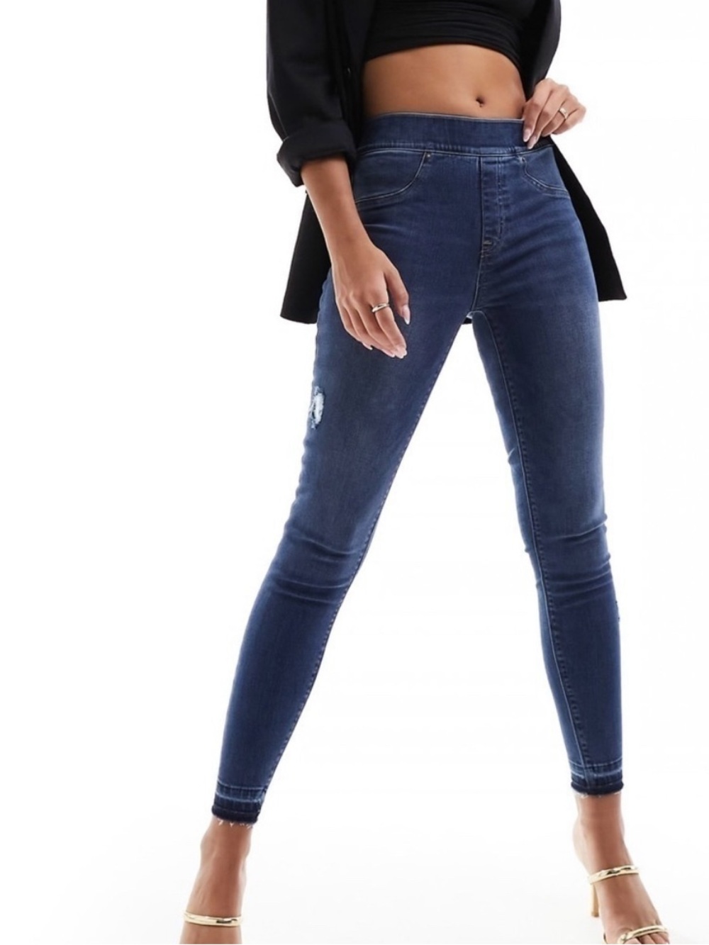 SPANX Distressed Medium Blue High-Rise Jeggings for Women Raw Hem